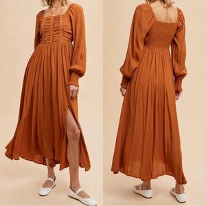 NWOT In Loom smocked boho rust colored maxi dress